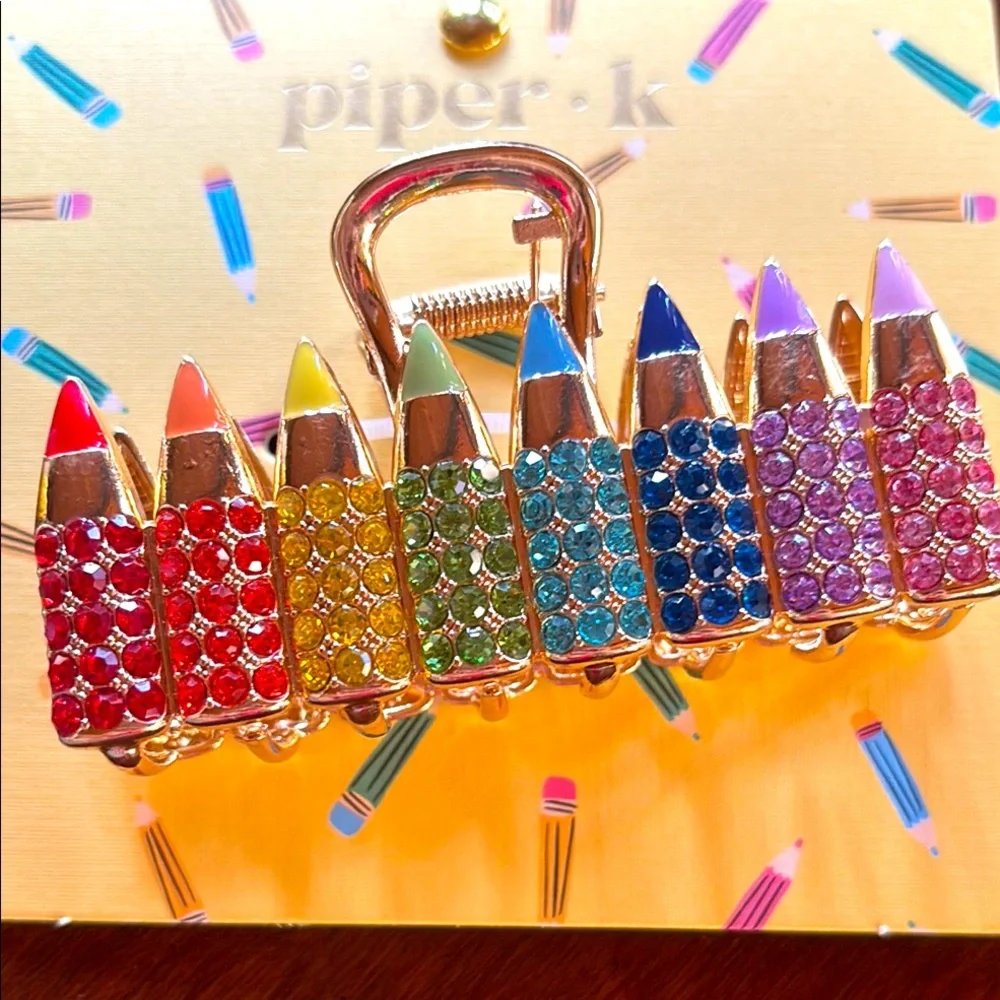 NWT Piper K rainbow of sparkly crayons hair claw clip accessory